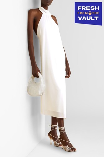 UVP 570€ HALSTON Kali Cocktail Midi Kleid US2 UK6 IT38 XS weiß drapiert hinten offen