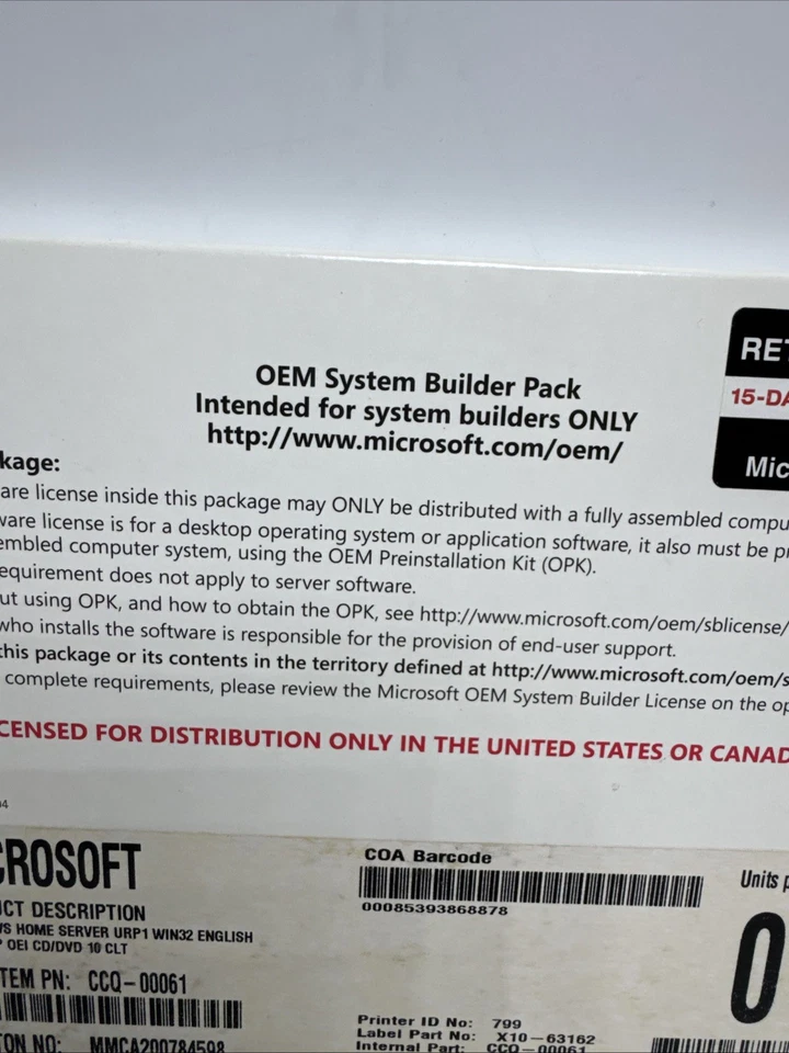 Microsoft Windows Home Server OEM System Builder Pack Made USA X10-63162 Sealed - Image 2 of 4