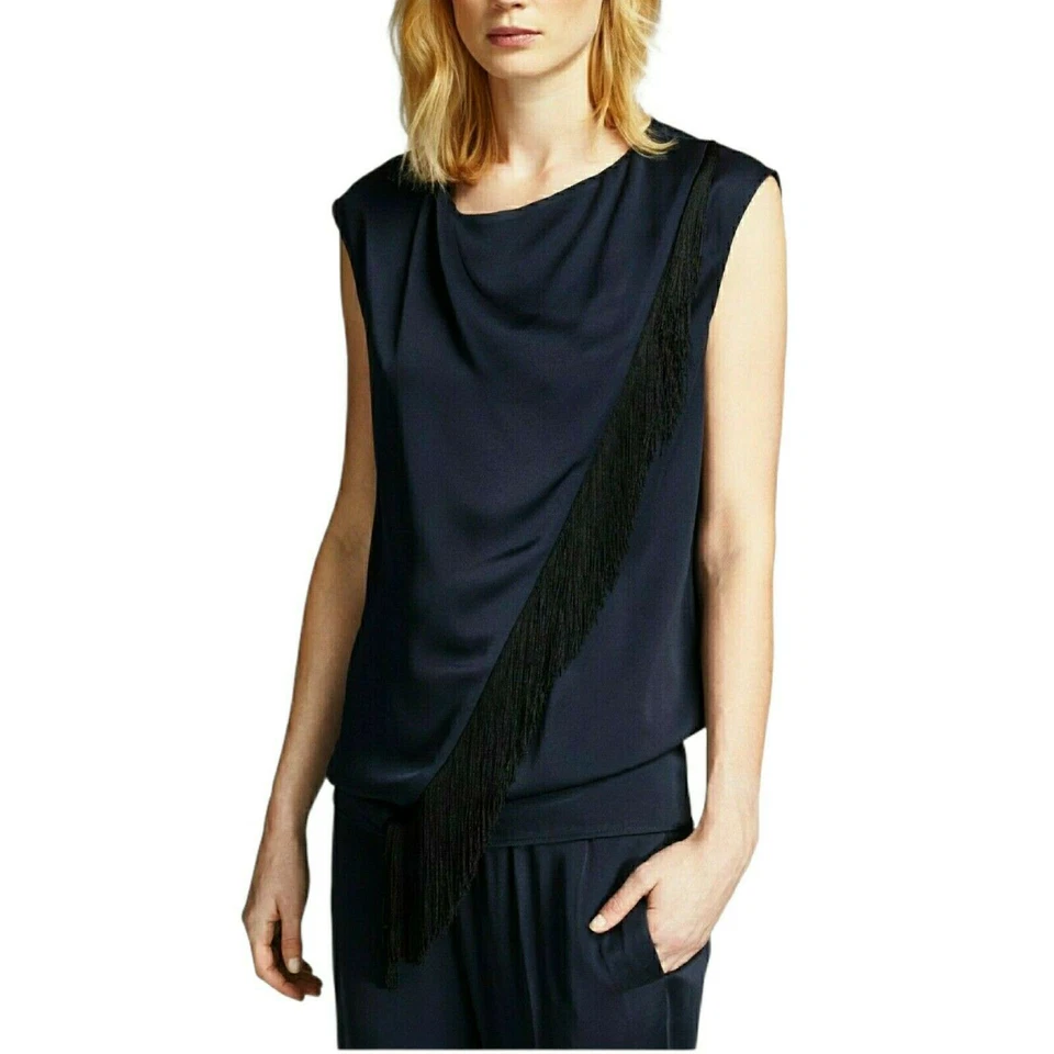 Blusa BELSTAFF Lana Flecos Sin Mangas Satén Top Regencia Azul Negro Talla 42 M 8 Foto 3 de 4