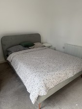 Grey Upholstered Fabric Double Bed Frame with Curved Headboard, Modern