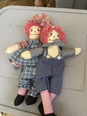 Raggedy Ann & Andy Cloth Rag Doll Lot of 2 Red Curly Hair Black Eyes