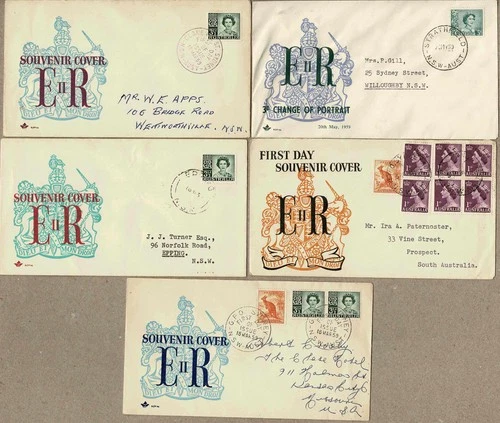 Australia 1959 Royal Souvenir QEII FDC Cover x5 Misc Lot