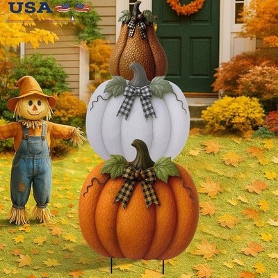 3pcs Metal Pumpkin Decorations Outdoor Fall Thanksgiving Yard Sign Stakes