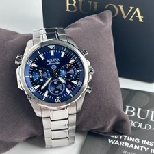 New Bulova Marine Star 96B256 Blue Dial Men's Chronograph Quartz Watch 43 mm