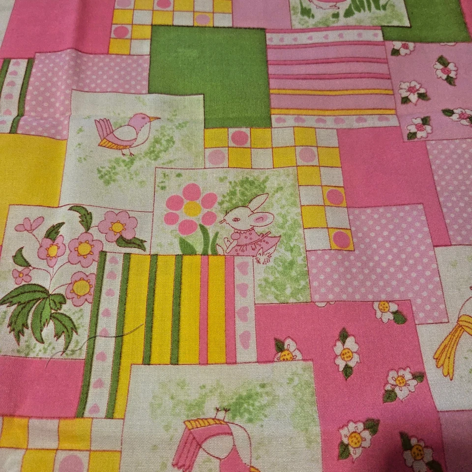 Easter Fabric Bunnies, Flowers, Birds Hot Pink, Green & White 7/8 Yards + Extra - Image 3 of 3