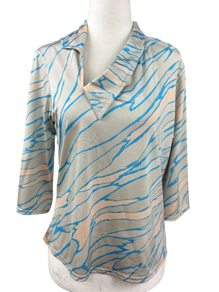 Женский спортивный топ Jamie Sadock с абстрактным принтом рукав 3/4 эластичный бежевый синий - Изображение 2 из 4