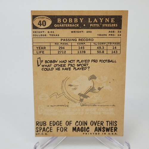 1959 1960 Topps Football #40 #93 BOBBY LAYNE Pittsburgh Steelers HOF VG+-EX - Picture 3 of 5