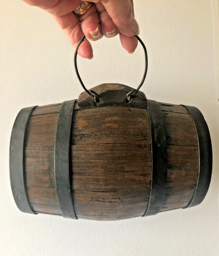 Antique French Small Peasant Hand-Held Oak Wooden Wine Barrel Keg c1800s