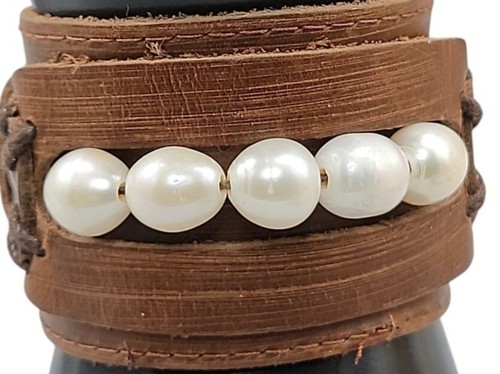 Leather Baroque Pearl Bracelet Boho Style Vintage Handmade Designer Size 7.5 - Picture 12 of 19