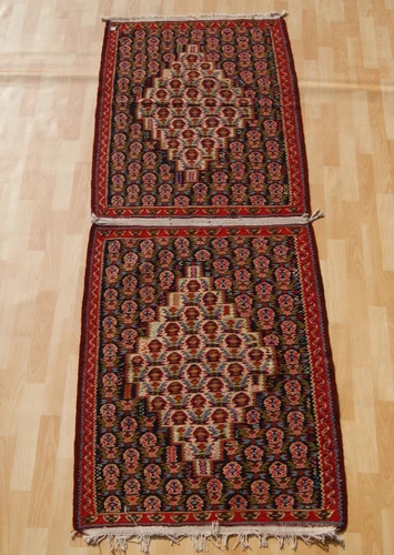 Set of Two Handmade Oriental Rugs Traditional Wool Weaving Kurdish Senneh Rug