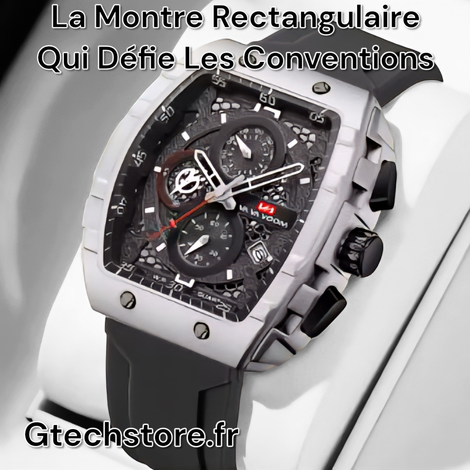 Montre rectangulaire quartz pour hommes design géométrique et silicone mat