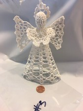 CHRISTMAS TREE ORNAMENT HANDMADE CROCHET LACE OFF WHITE VINTAGE ANGEL HOLIDAY 6"