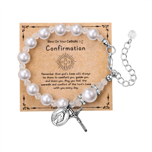 Virgin Mary Rosary Bead Cross Chain Simulated Pearl Beaded Bracelet for Women - Picture 33 of 56