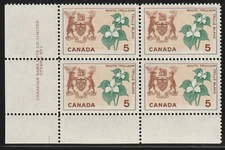 Canada #418,  Flower, White Trillium, Ontario, LL Block of 4, Plate #1 MNH 1964