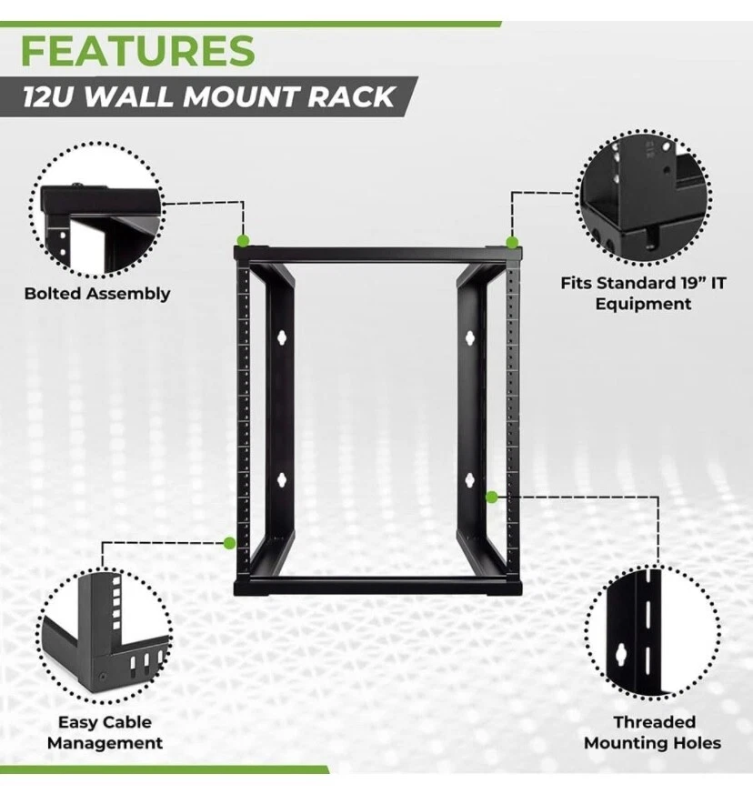 NavePoint 12U for 19" IT Server Open Frame Wall Mount Rack & 2 Vented 2U Shelves - Image 3 of 4