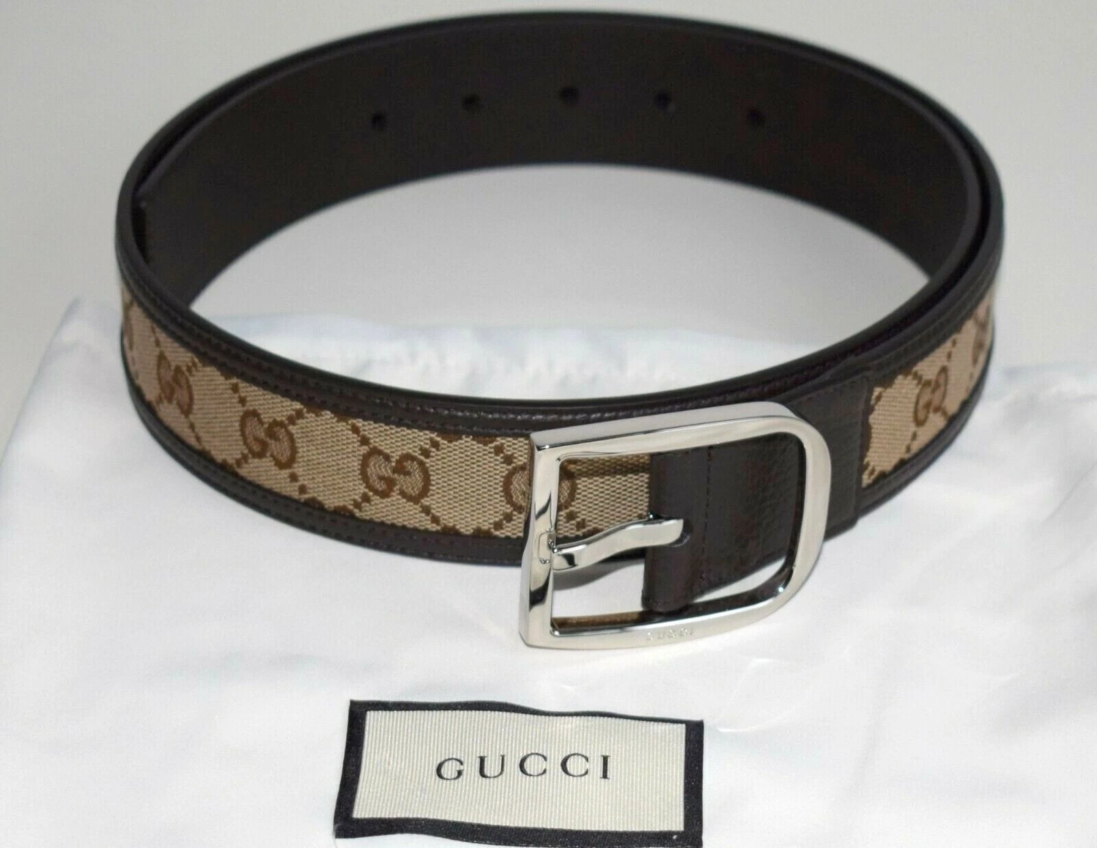Ceinture originale GUCCI homme femme Guccissima toile cuir marron beige taille 100