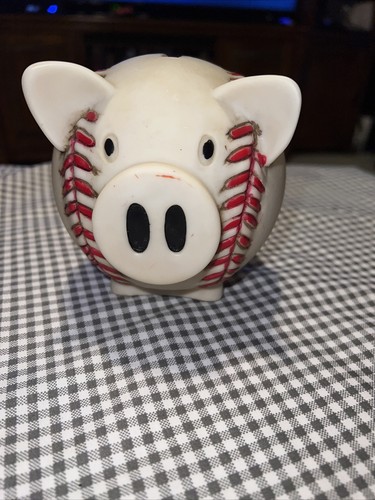 BASEBALL PIGGY COIN BANK. RED LACE 3-D TEXTURE AND DETAIL. RESIN - Picture 2 of 23