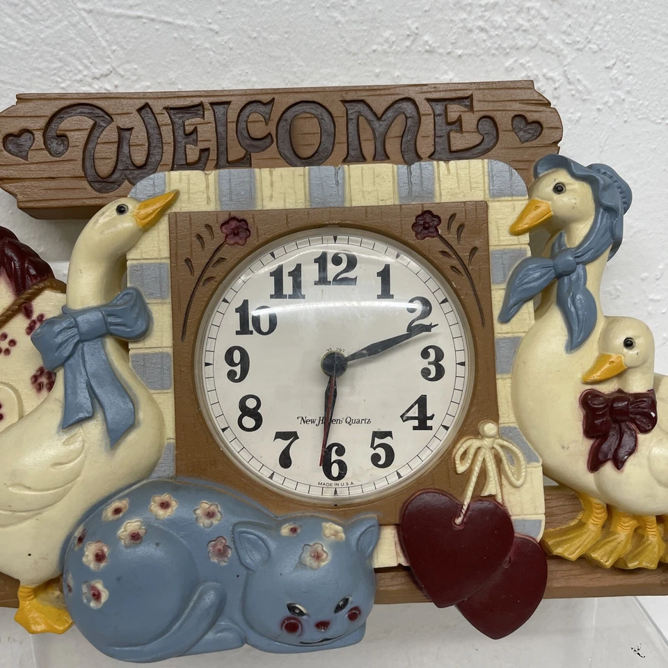 Vintage Burwood Homco New Haven “Welcome” Wall Clock Geese Cat Horse Design USA - Image 3 of 4