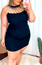 WOMEN PLUS SIZE PEARL DETAIL BLACK MINI DRESS ( ONE SIZE PLUS )