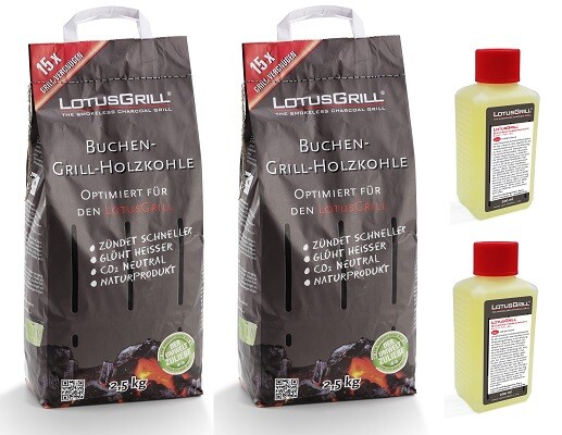 Juego de ahorros: LotusGrill 2x carbón de haya 2,5 kg bolsa + 2x pasta para quemar 200 ml