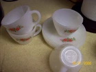 Vtg Fire King Anchor Hocking Coffee Tea Cups and Saucer White Milk Glass w/Roses
