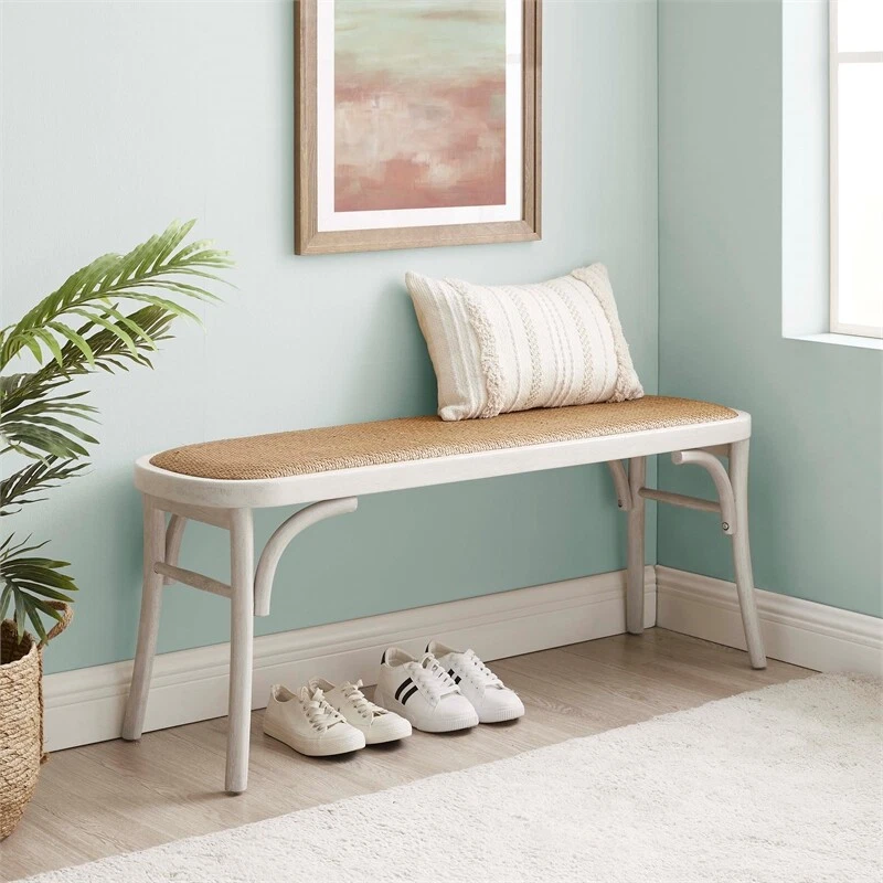 Linon Dallas Bentwood Bench with Natural Rattan Seat in Rustic