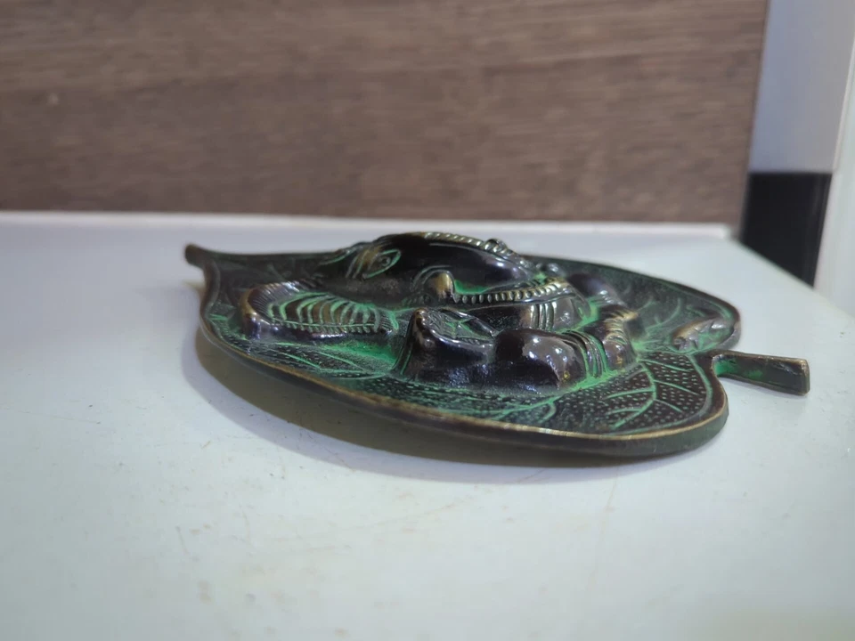 Old Copper Lord Ganesha Embossed  On Leaf Handcrafted Wall Hanging , Rich Patina - Image 4 of 4