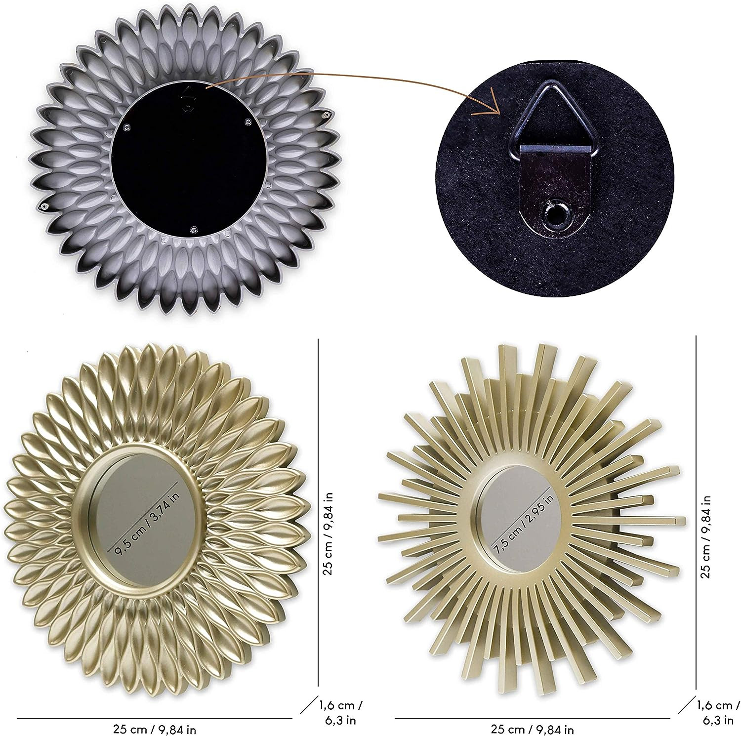 Miroir murale 3 pièces design soleil doré pour chambre moderne