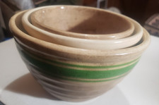SET OF 3 Hull Beehive Green Stripe Yellowware Mixing Bowls 7 1/2