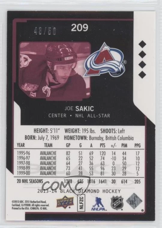 2013-14 Upper Deck Black Diamond Star Rubies /50 Joe Sakic #209 HOF - Image 2 of 2