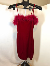 Fashion Nova Women’s Red Satin Feather Trim Bodycon Mini Dress XS