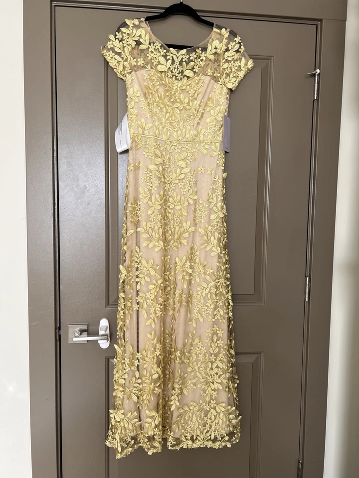 JS Collections - Illusion Neck Embroidered Mesh Dress Golden Yellow Nude Size 2 - Image 3 of 4