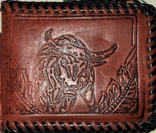 Vintage Western Cowboy Rodeo Bulls Hand Tooled Leather BiFold Wallet