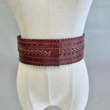 Womens Genuine Leather Wide Belt Brown Scalloped Edge Open Weave Size Small