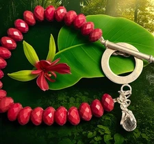 Briolette Rock Crystal Charm Crimson Glass Bead Vintage Estate Jewelry Bracelet