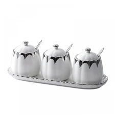 Porcelain Condiment Jar Spice Container with Lids, Spoon and Tray, Set of 3,M...