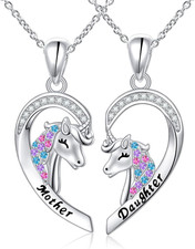 925 Sterling Silver Mother Daughter Unicorn Heart Necklace 2 Matching Pendants