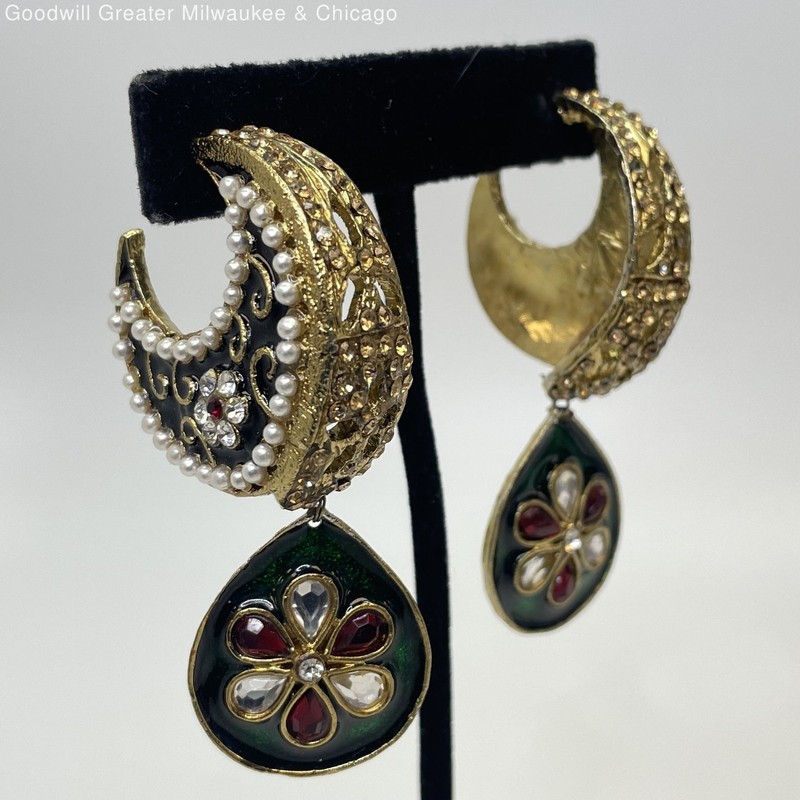 Artisan Gold Tone Meenakari Chandbalis Enamel Faux Pearl Dangle Earrings 39.6g