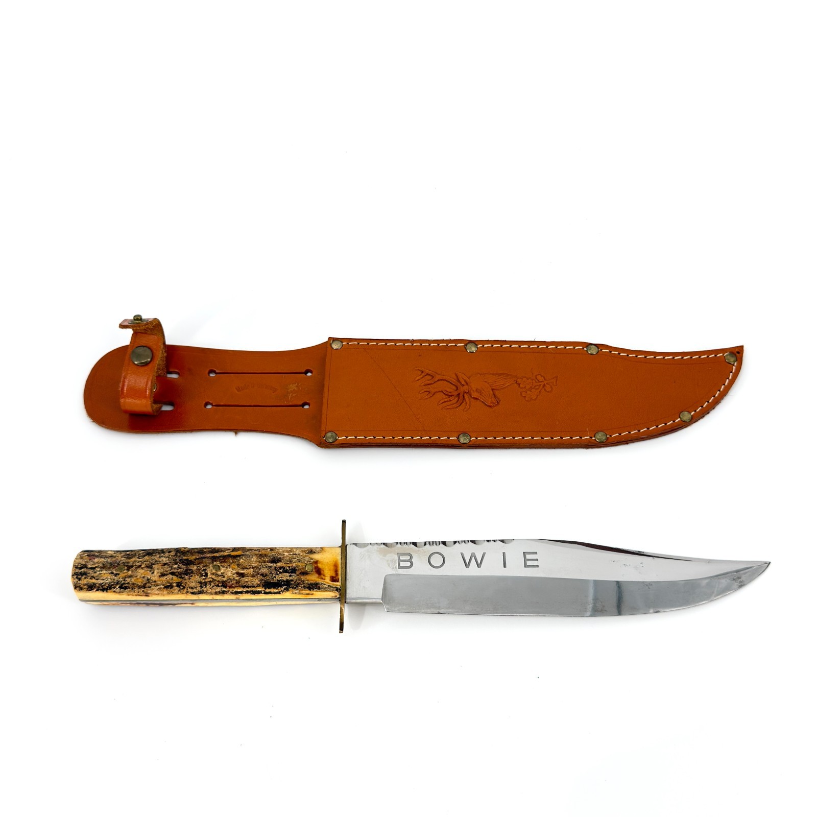 Vintage Olsen Knife Co Solingen Germany Stag Bowie Hunting Knife W/ Sheath 1970s
