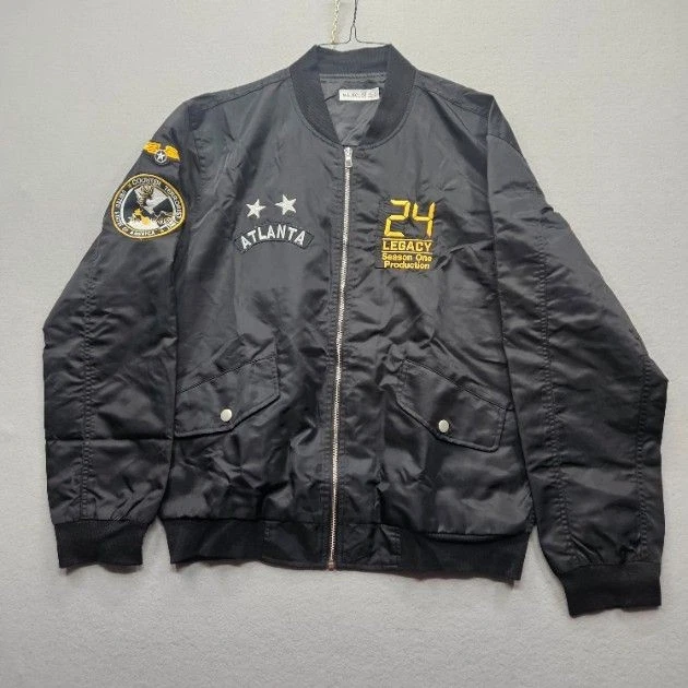 MAJECLO Men's Large Black Bomber Windbreaker Jacket Embroidered Atlanta Patches