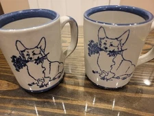 Vintage Welsh Corgi Louisville Stoneware Pottery 2 Mugs Signed Flowers In Mouth 