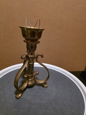 Brass Candlestick Holder 8'' Tripod Scroll Legs w/ Shade Clamps Vintage
