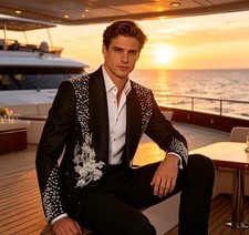 Jacquard Men Applique Suit Shawl Lapel Floral Jacket Beaded Pearl Wedding Formal