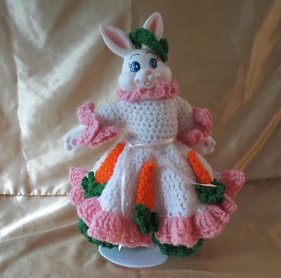 14'' Ms. Bunny Rabbit Easter Beautiful Crochet Knit White Pink Trim Orange Carrot