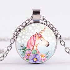 FLOWER UNICORN FANTASY Pendant 20" Sterling Silver 925 necklace chain female mom