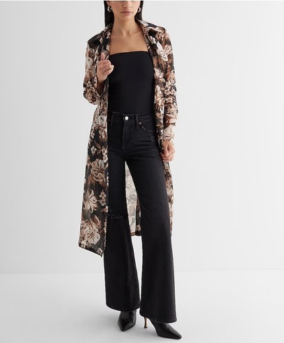 NWT Express Floral Sheer Belted Trench Coat Size Medium - Picture 2 of 5