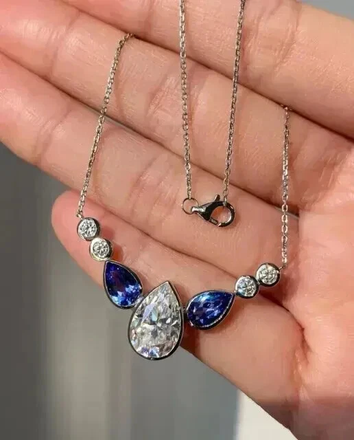 14k White Gold Plated Sapphire Diamond Pendant Necklace 2Ct Pear Lab Created - Image 2 of 4