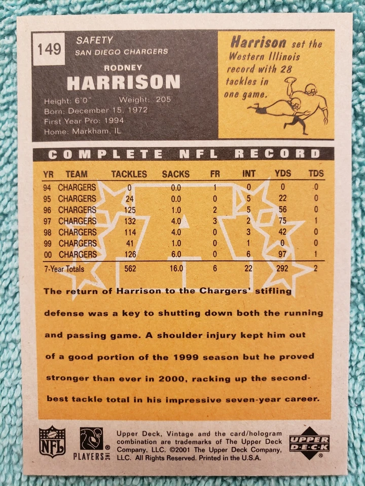 2001 UPPER DECK VINTAGE RODNEY HARRISON #149 SAN DIEGO CHARGERS - Image 3 of 4