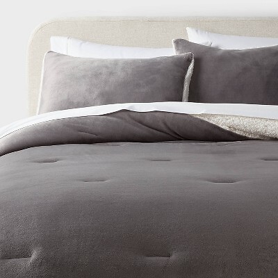 King Cozy Faux Shearling Comforter and Sham Set Gray - Threshold