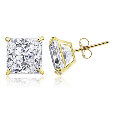 14K Solid Gold Square Princess Cut Cubic Zirconia Basket Push Back Stud Earrings